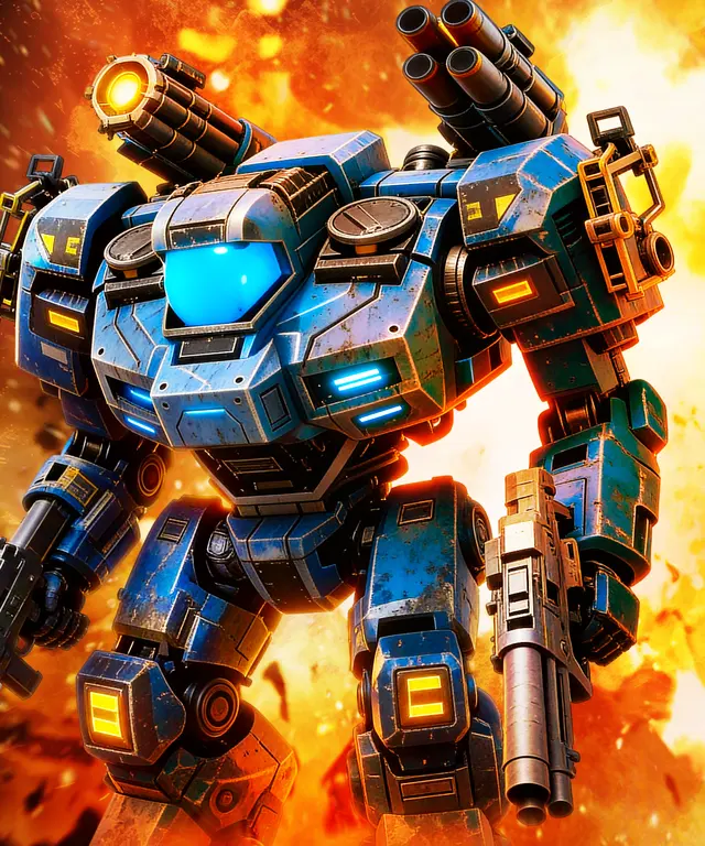 A blue Mecha Fortress war mech with a shoulder cannon and rifle, standing in front of an explosion