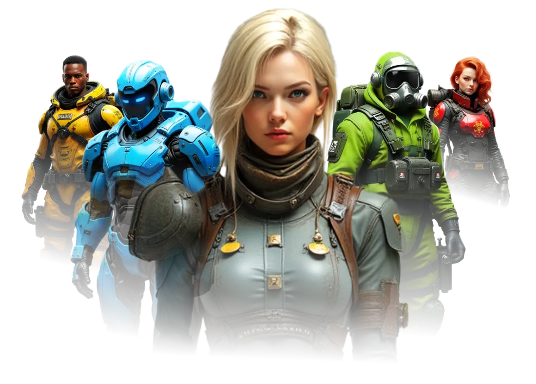 Five Mecha Fortress pilots in combat gear standing together