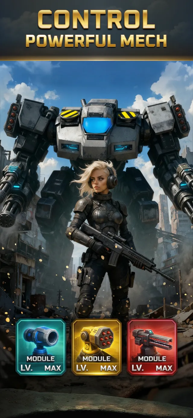 A pilot in combat armor stands in front of a grey war mech, with three maxed weapon modules below. Caption: Control powerful mech.