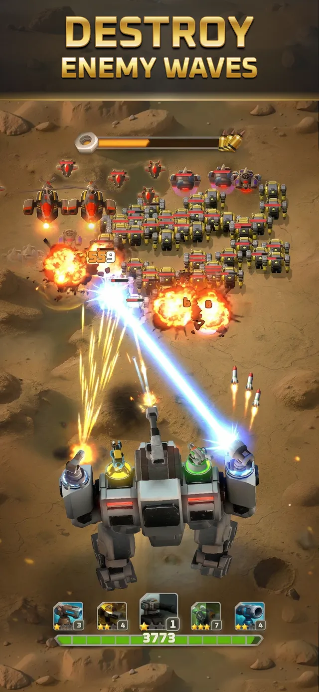 Top-down battle: the player's mech at the bottom of the lane fires lasers and cannons into a wave of red robot enemies on desert sand.