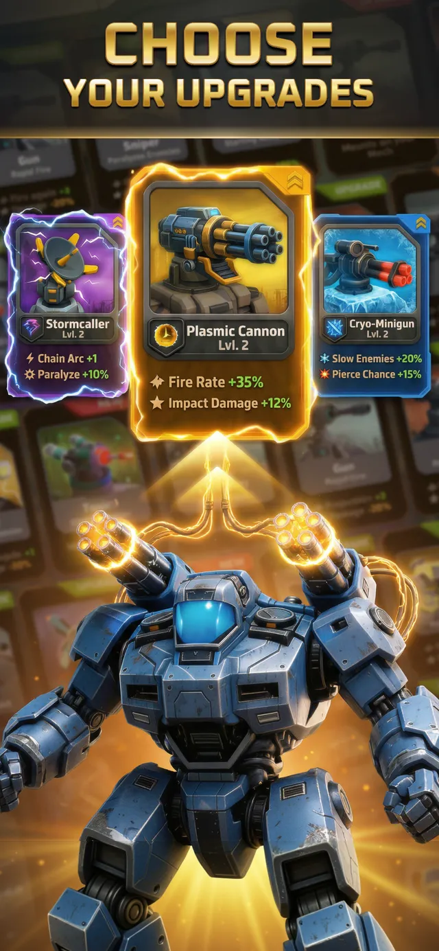 The draft screen: three upgrade cards, Stormcaller among them, offered above a blue mech.