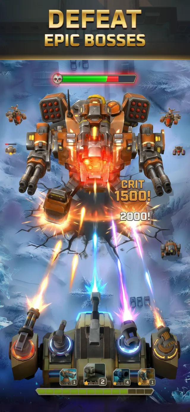 Boss fight: a huge orange armored boss takes a 1,500 critical hit from the player's mech turrets.