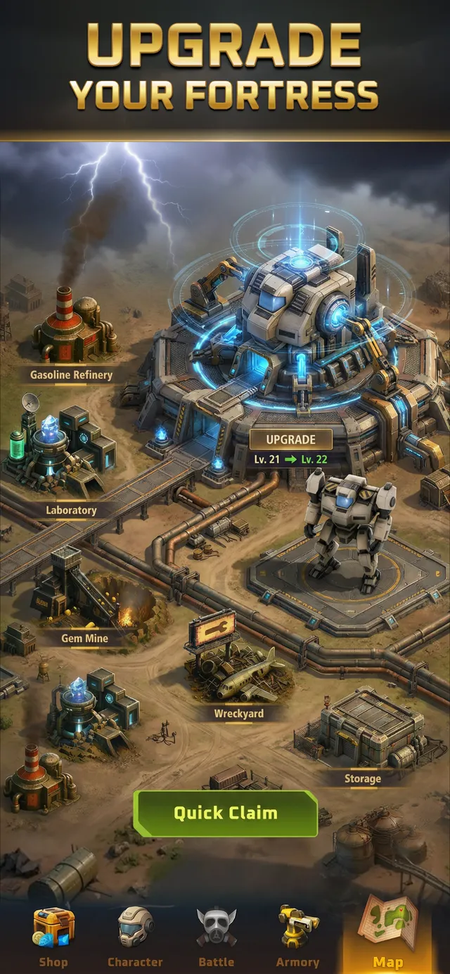 The home base: laboratory, gem mine, gasoline refinery and storage buildings around the mech on a desert map.