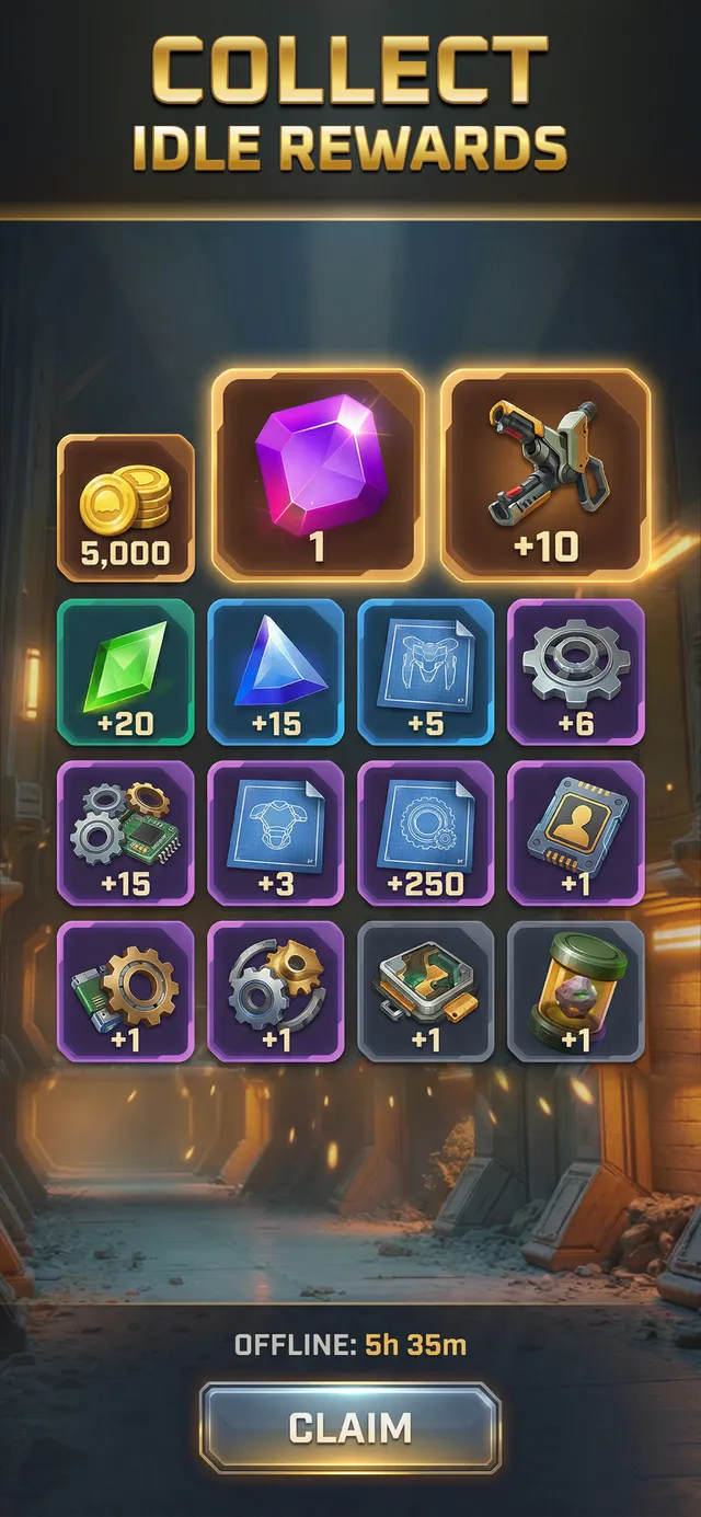 Idle rewards screen: coins, gems and upgrade materials collected while offline for 5 hours 35 minutes, with a Claim button.